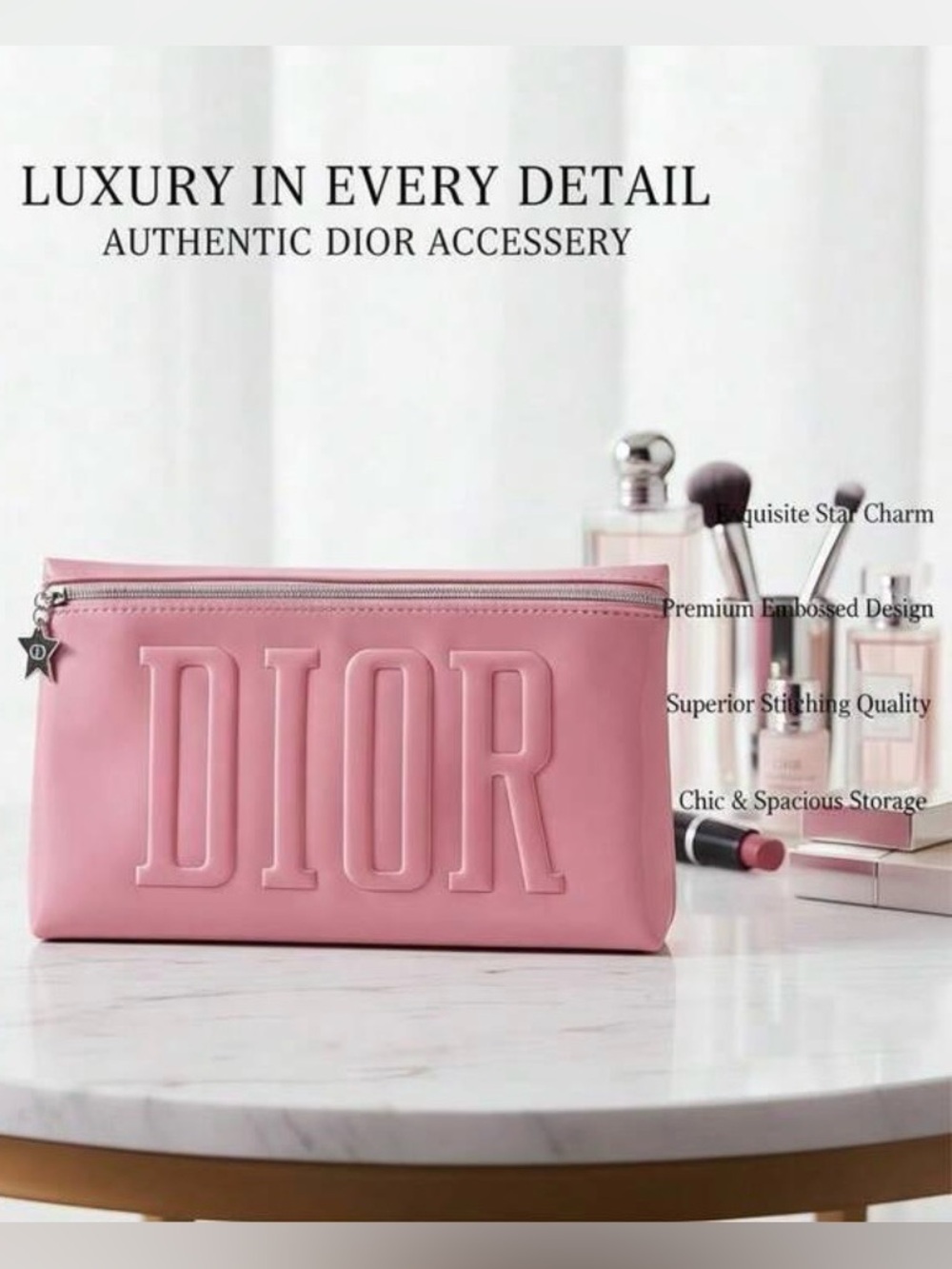 New w/ box Dior Beauty Pink  Pouch w/ Gold Star Zip Charm